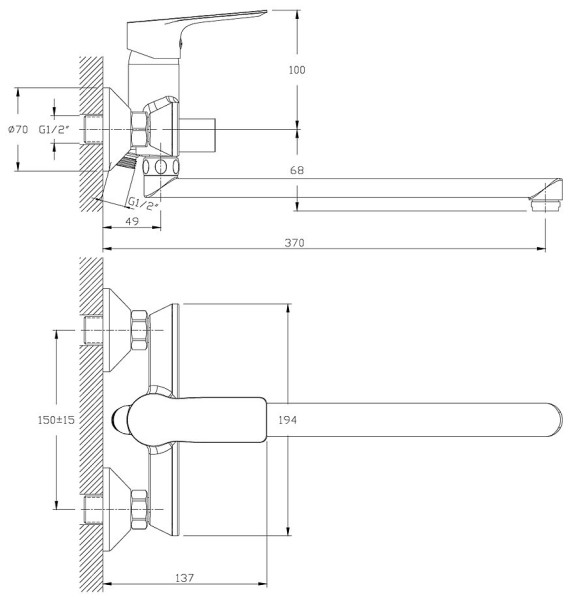 RS27-33 Смеситель одноручный (35 мм) для ванны с плоским изливом 350мм, хром. Фото 2