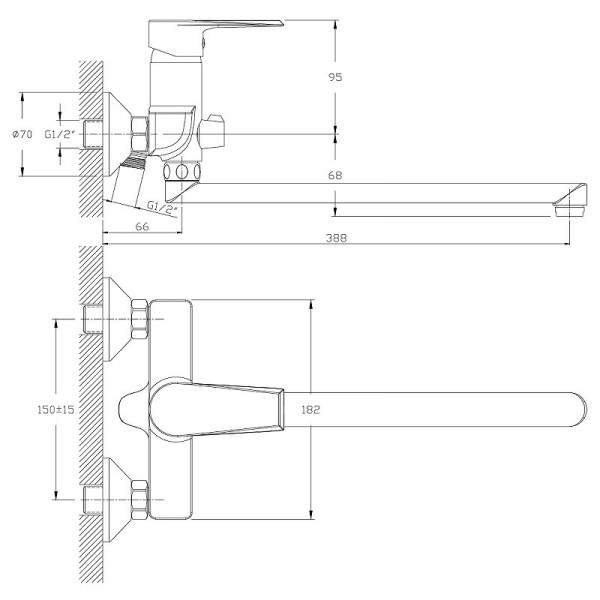 RS28-33 Смеситель одноручный (35 мм) для ванны с плоским изливом 350мм, хром. Фото 2