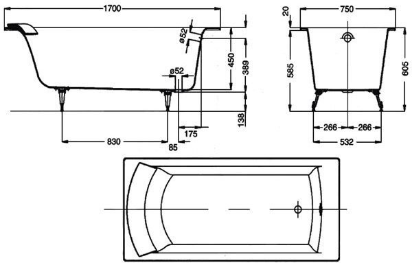 RUB BIOVE E2938-00 ванна 170х75 с отверстиями для ручек. Фото 2