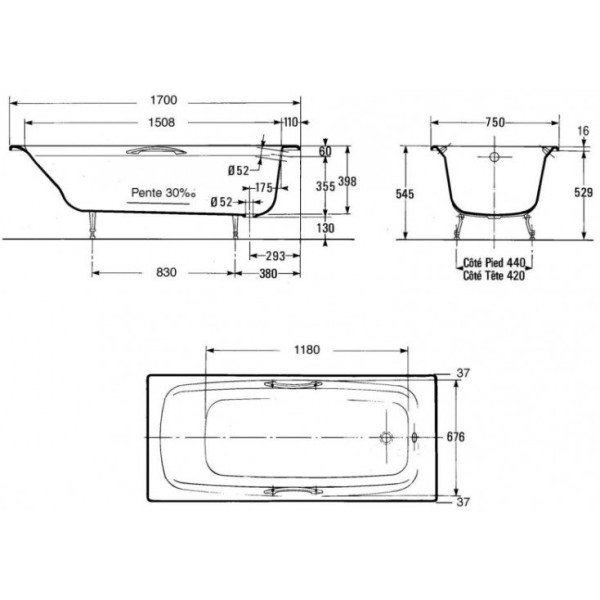 RUB DIAPASON E2937-00 ванна 170х75 без отверстий для ручек. Фото 2