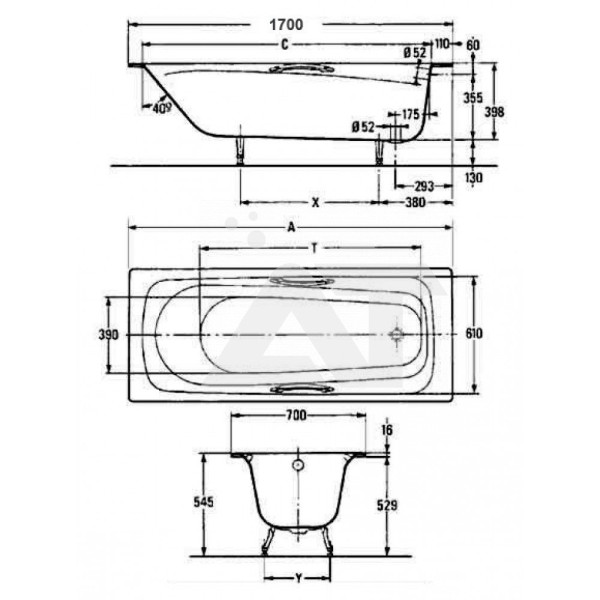 RUB MELANIE E2925-00 ванна 170х70 с отверстиями для ручек. Фото 2