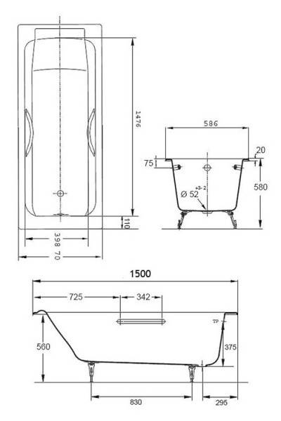 RUB PARALLEL E2949-00 ванна 150х70 с отверстиями для ручек. Фото 2