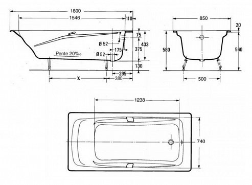 RUB REPOS E2903-00 ванна 180х85 с отверстиями для ручек. Фото 2