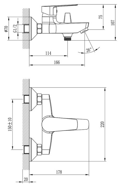 S35-31 Смеситель одноручный (35мм) для ванны с коротким изливом, хром. Фото 2