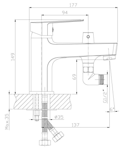 S35-38 Смеситель одноручный (35мм) на борт ванны, с коротким изливом, хром. Фото 2