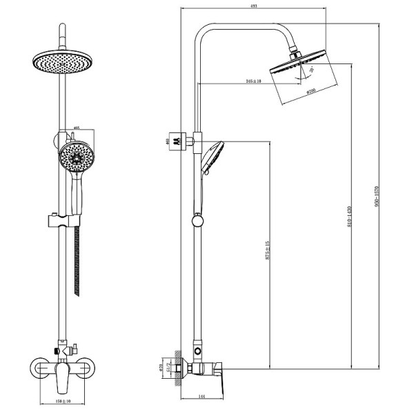 S35-45 Смеситель одноручный (35мм) для душа с верхней лейкой "Тропический дождь" и 5-ф. лейкой, хром. Фото 2