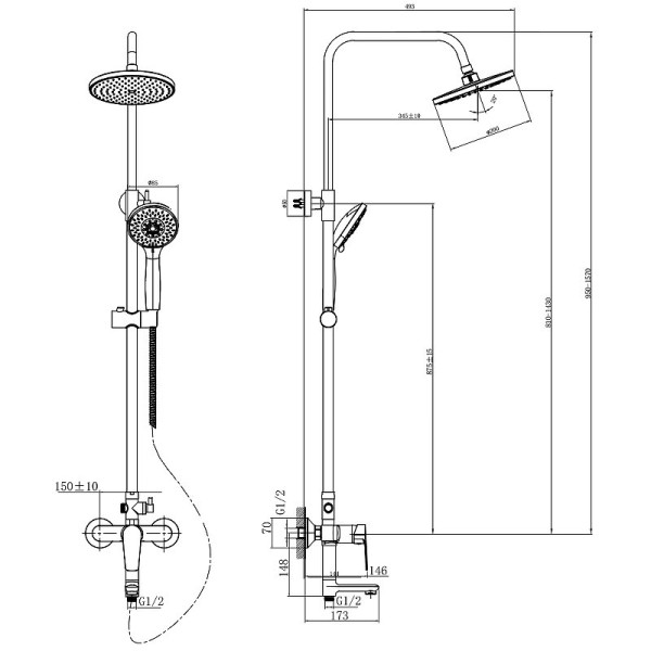 S35-46 Смеситель одноручный (35мм) для ванны с верхней лейкой "Тропический дождь", с поворотным изли. Фото 2