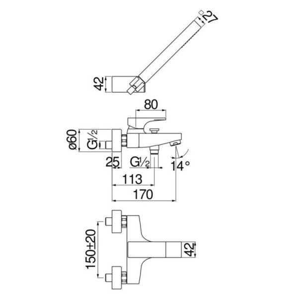 SE124110CR SEVEN смеситель для ванны с душевым набором. Фото 2