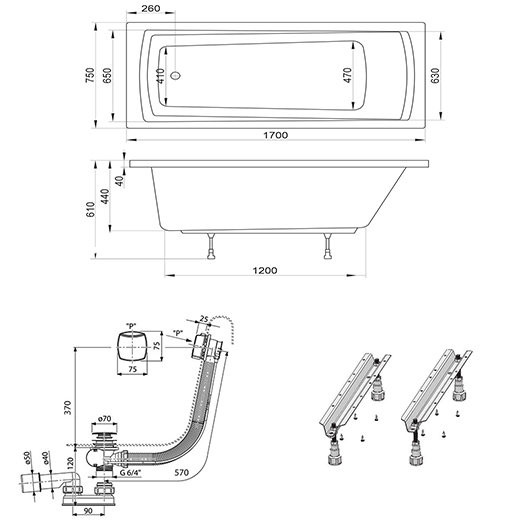 SET DOMINO PLUS (3 в 1)(ванна C631R00000+опора CY00030000+слив квадратный X01507). Фото 5