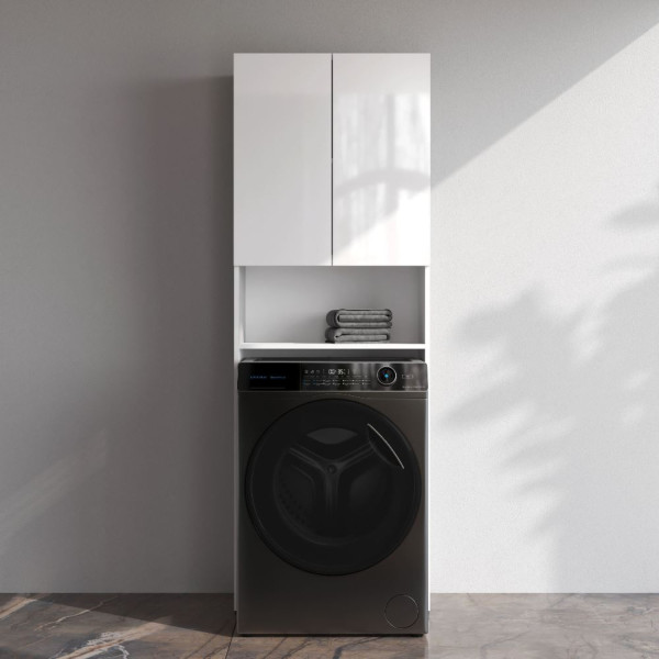 Шкаф над стиральной машиной с дверями и открытой полкой, узкий, 65 см, белый. Фото 1