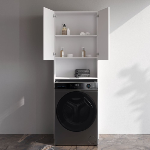 Шкаф над стиральной машиной с дверями и открытой полкой, узкий, 65 см, белый. Фото 2