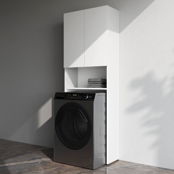 Шкаф над стиральной машиной с дверями и открытой полкой, узкий, 65 см, белый. Фото 3