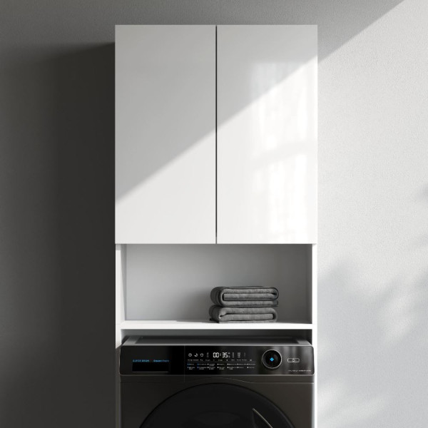 Шкаф над стиральной машиной с дверями и открытой полкой, узкий, 65 см, белый. Фото 4