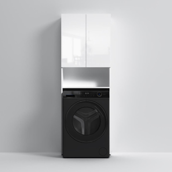 Шкаф над стиральной машиной с дверями и открытой полкой, узкий, 65 см, белый. Фото 5