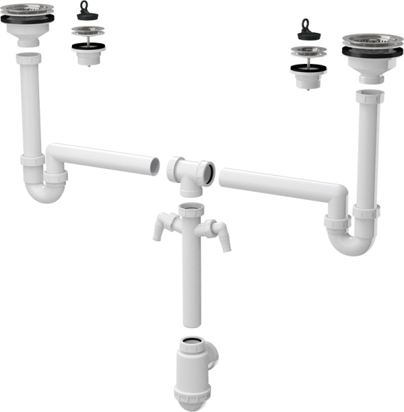 Сифон для двойной кухонной мойки Alcadrain универсальный, белый (A8000). Фото 1