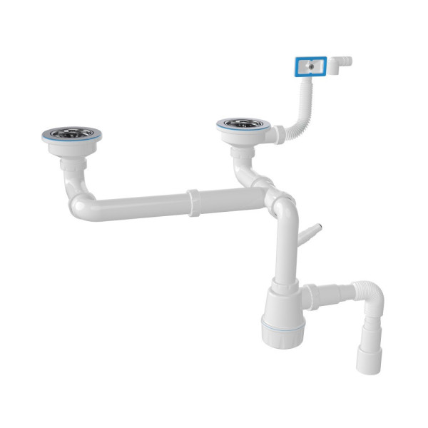 Сифон для кухонной мойки Nova NV1197, для двойной мойки, с отводом для стиральной машины. Фото 1
