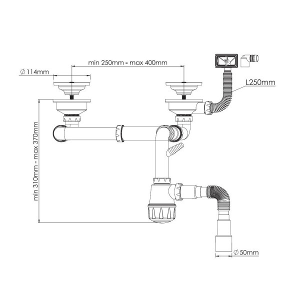 Сифон для кухонной мойки Nova NV1197, для двойной мойки, с отводом для стиральной машины. Фото 2
