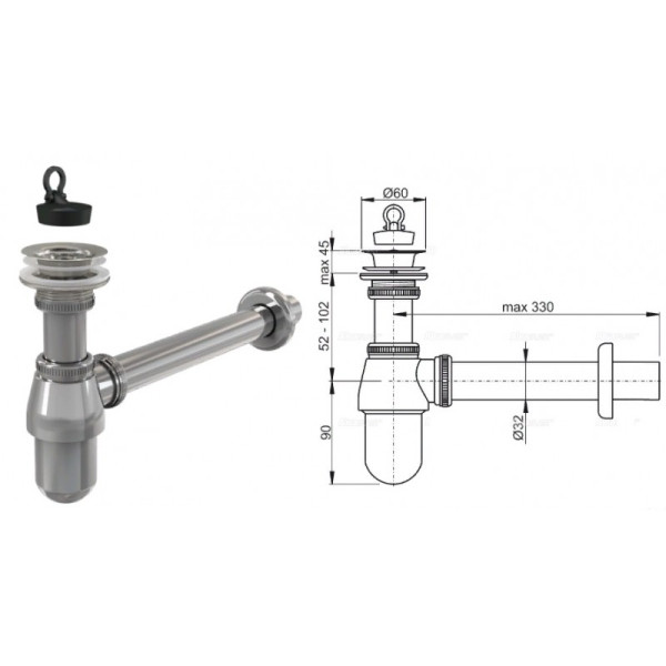 СИФОН ДЛЯ УМЫВАЛЬНИКА DN32 С ДОННЫМ КЛАПАНОМ 5/4", МЕТАЛЛ, A437. Фото 1