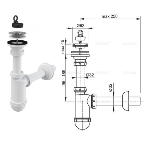 СИФОН ДЛЯ УМЫВАЛЬНИКА DN32 С НЕРЖАВЕЮЩЕЙ PEШEТКОЙ DN63, A411. Фото 1