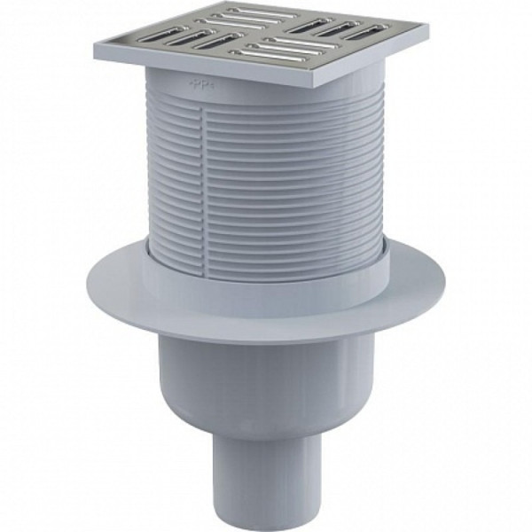 Сливной трап 105 × 105/50, подводка – прямая, решетка – нерж. сталь, гидрозатвор – мокрый, арт.APV2. Фото 1