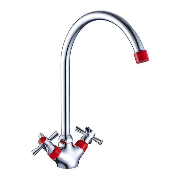 Смеситель Decoroom DR51028-Red двуручный для кухни с поворотным изливом, красный/хром. Фото 1