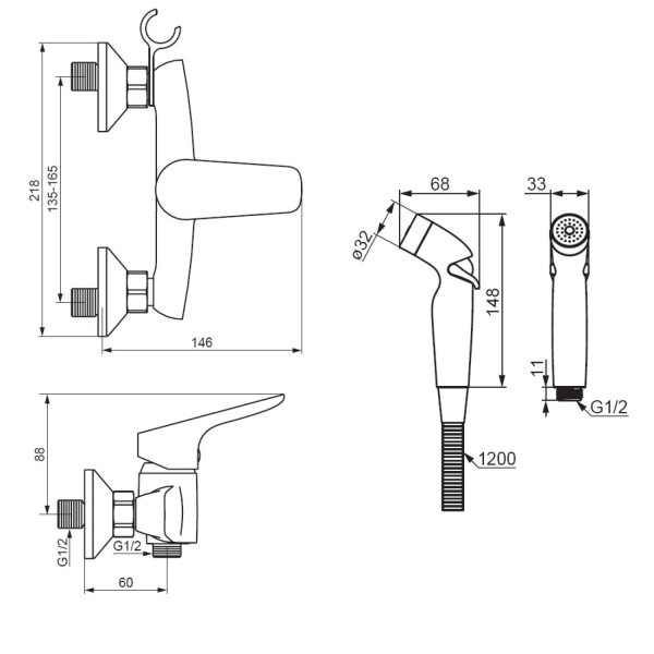 Смеситель для душа с гигиенической лейкой, держателем и шлангом. Фото 4