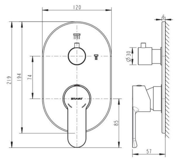 Смеситель для душа встраиваемый на 2 потока Bravat New Moon P69191C-2-RUS, хром. Фото 2