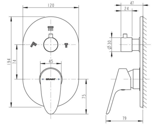 Смеситель для душа встраиваемый на 3 потока Bravat Drop P69190C-RUS, хром. Фото 2