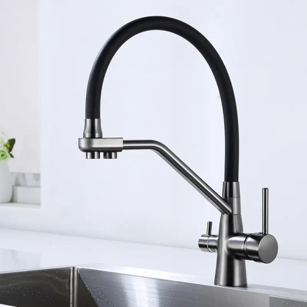 Смеситель для кухни с гибким изливом и подключением фильтра Maretti Eleganza EN31RGF14, оружейная сталь. Фото 3
