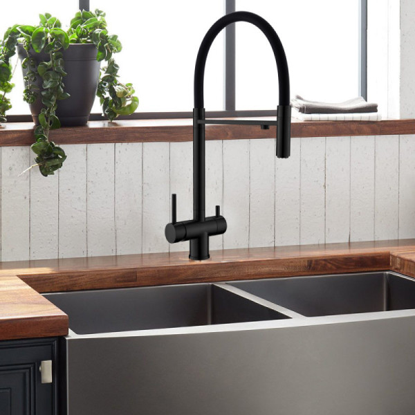 Смеситель для кухни с гибким изливом и подключением фильтра WesnaArt EKO05-160MatBlack, черный. Фото 3