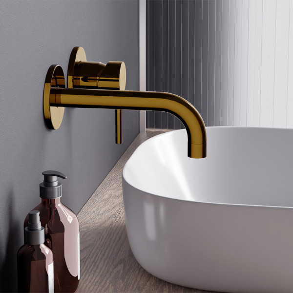 Смеситель для раковины монтируемый в стену, золото. Фото 2