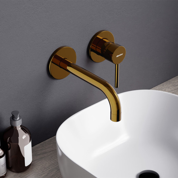 Смеситель для раковины монтируемый в стену, золото. Фото 3