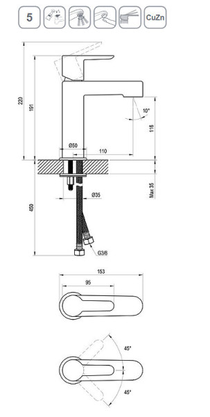 Смеситель для умывальника без донного клапана PU 014.20 черный. Фото 2
