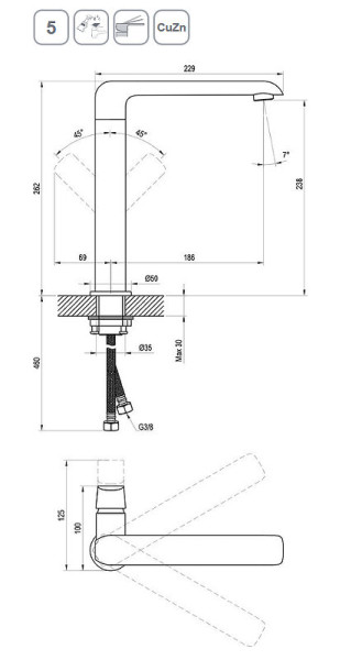 Смеситель для умывальника без донного клапана с поворотным изливом FL 016.20 черный. Фото 2