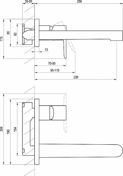Смеситель для умывальника PU 019.00 настенный монтаж. Фото 3