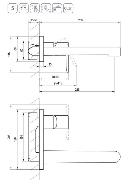 Смеситель для умывальника PU 019.20 настенный монтаж черный. Фото 2