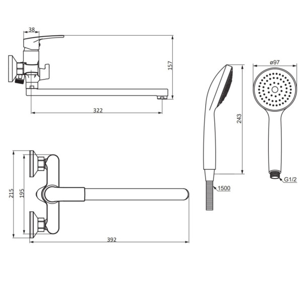 Смеситель для ванной и душа с длинным изливом и душевым набором. Фото 4