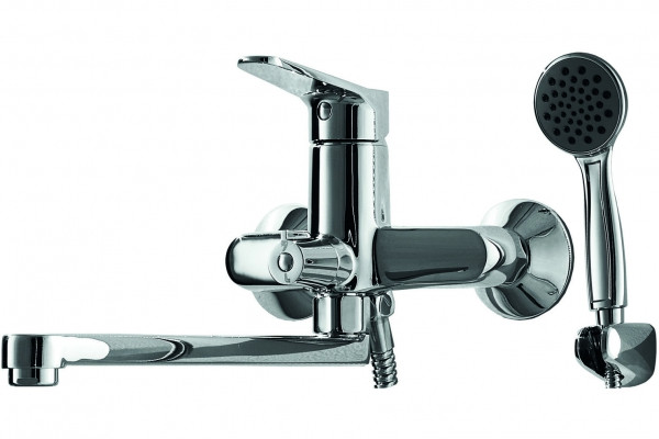 Смеситель для ванны Bravat Eco F6111147C-LB с длинным изливом, шлангом 150 см и душевой лейкой Хром (F6111147C-LB). Фото 1