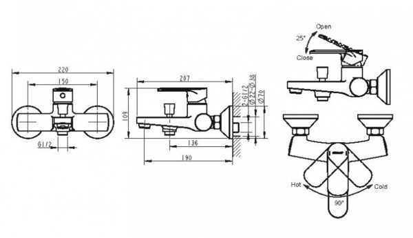 Смеситель для ванны Bravat Louise F6191183CP-01-RUS, хром. Фото 2