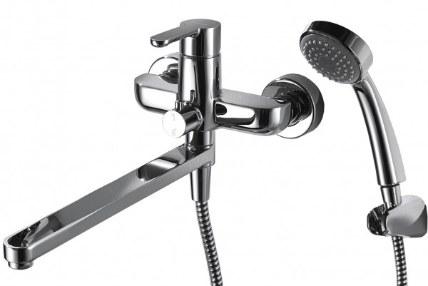 Смеситель для ванны Bravat Stream с длинным изливом и душевой лейкой, хром (F63783C-LB). Фото 1