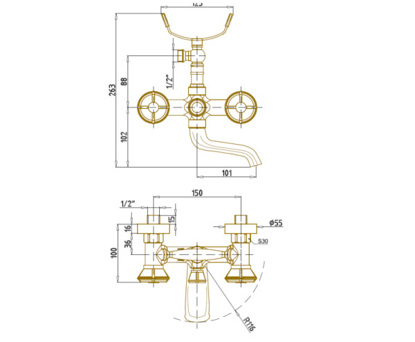 Смеситель для ванны Bronze de Luxe ROYAL 10119, бронза. Фото 2