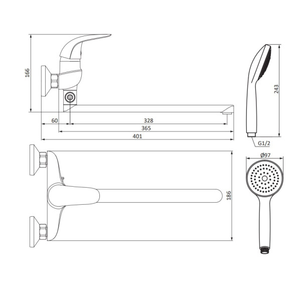 Смеситель для ванны и душа с длинным изливом и душевым комплектом. Фото 4