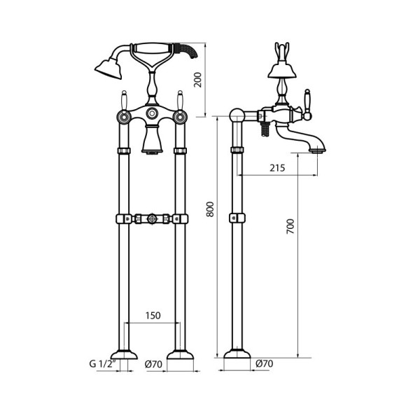 Смеситель для ванны напольный Webert Dorian DO720801010, золото. Фото 2