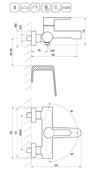 Смеситель для ванны PU 022.20/150 черный. Фото 2