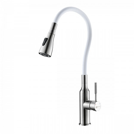 Смеситель Lemark Expert LM5082S-White для кухни, с гибким изливом и 2-х фун. аэрат, сталь/белый. Фото 1