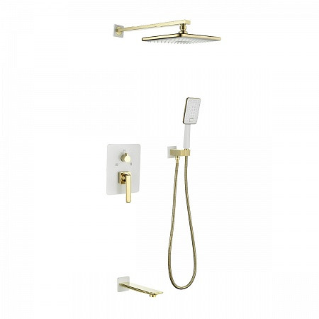 Смеситель Lemark Mista LM6422WG для ванны и душа встраиваемый с доп. 3-ф. лейкой, белый/золото. Фото 1