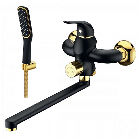 Смеситель Lemark Swan LM5451BG универсальный с плоским поворотным изливом 350 мм, черный/золото. Фото 1