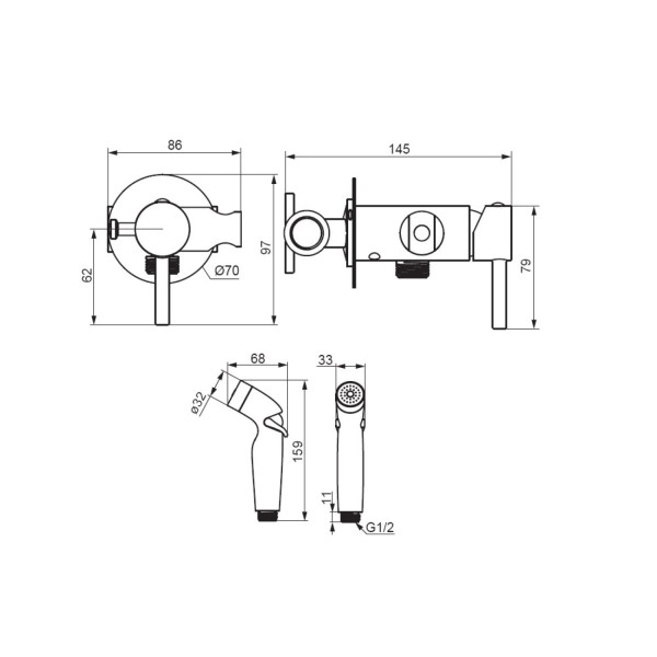 Смеситель, монтируемый в стену, с гигиеническим душем и держателем. Фото 4