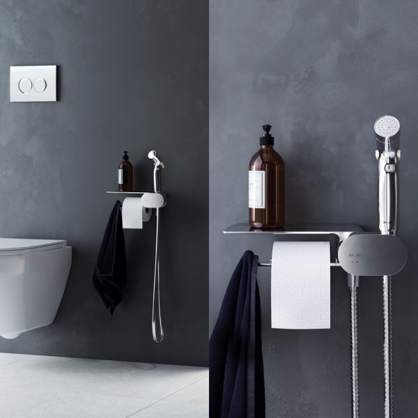 Смеситель, монтируемый в стену с гигиеническим душем и полкой. Фото 3