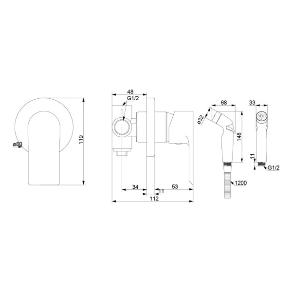 Смеситель монтируемый в стену с гигиеническим душем. Фото 4